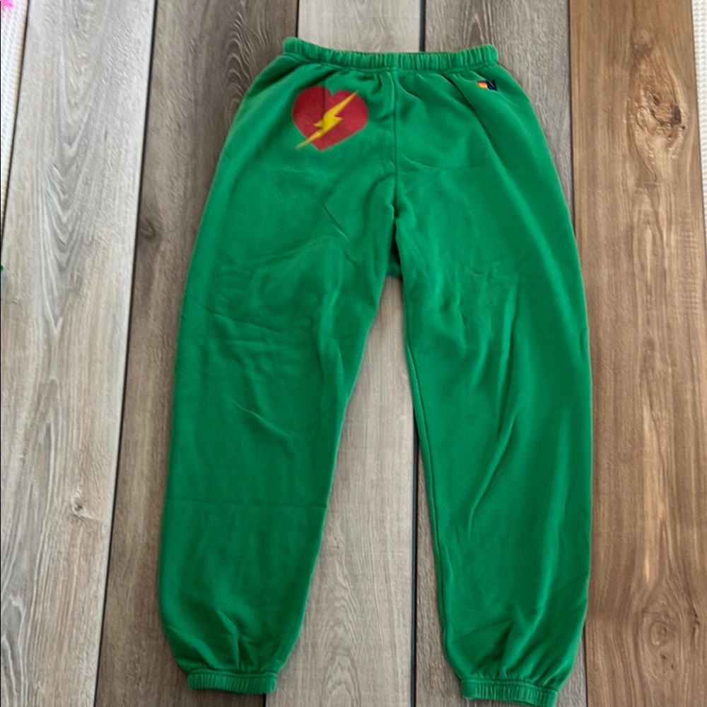 Aviator Nation Green Joggers with Lightning Bolt Design